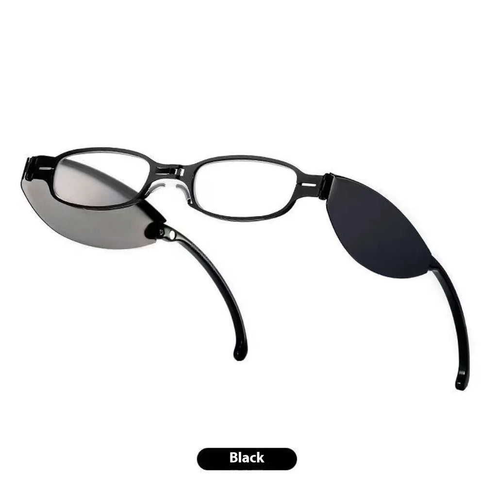 Folding presbyopic glasses with retro frame showing black and silver colour options