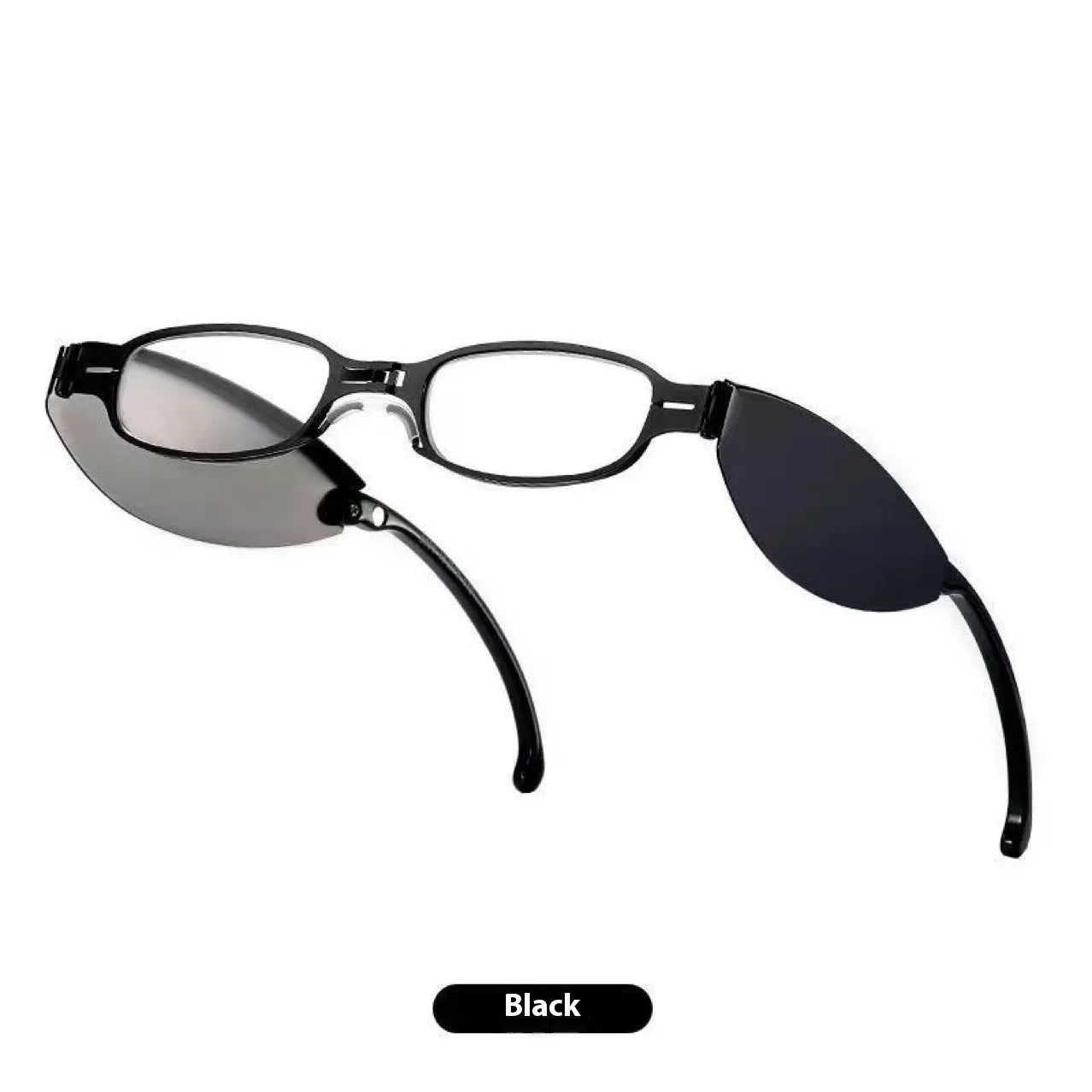 Folding presbyopic glasses with retro frame showing black and silver colour options