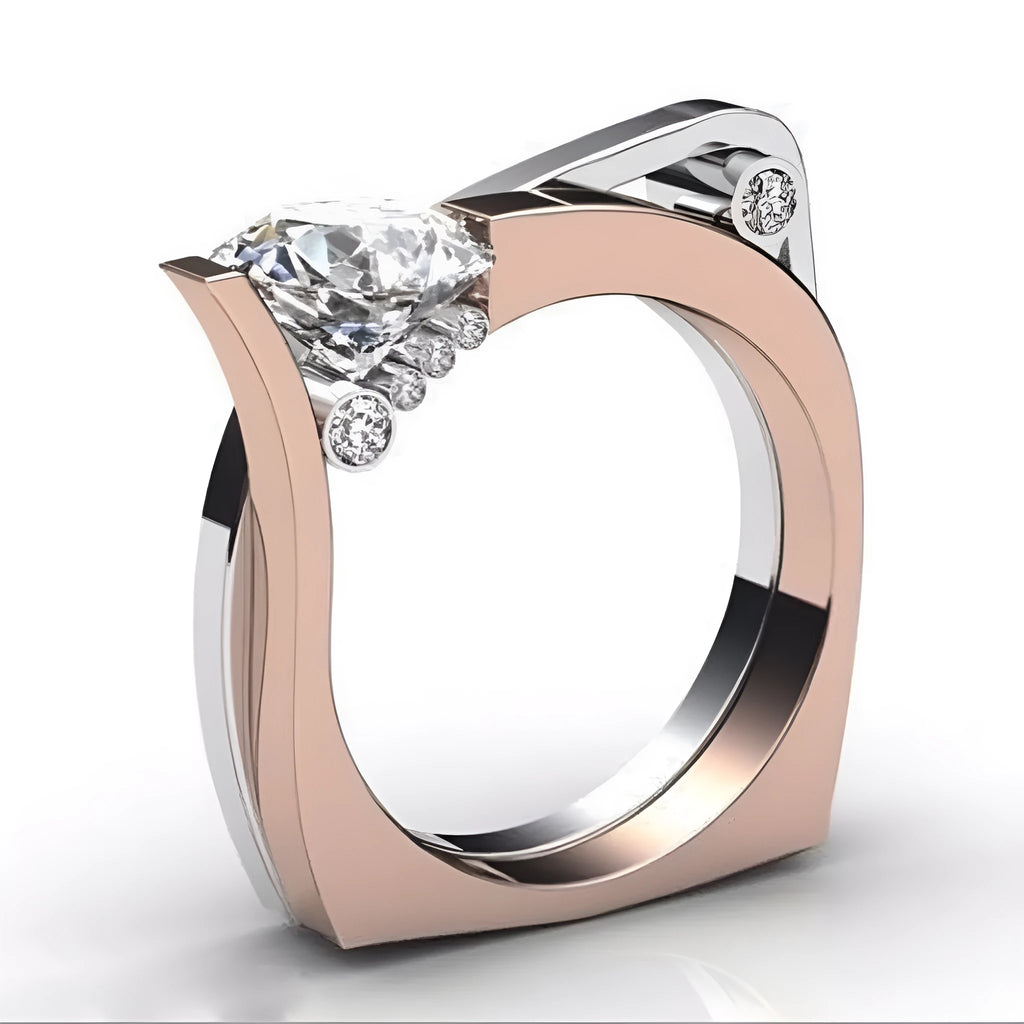 Rose gold electroplated geometric couple ring with zircon inlay showing side profile and detail
