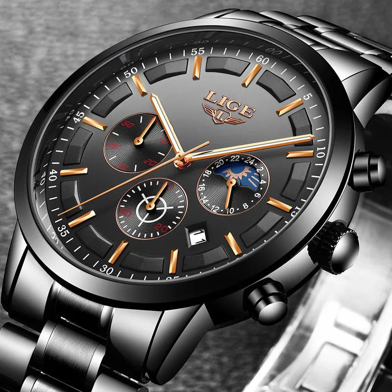 Men's black and rose red gold quartz sports watch with waterproof design