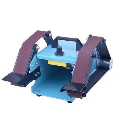 Blue desktop dual-axis belt sander with variable speed control for sharpening and sanding