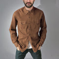 Men's regular fit cotton denim cardigan coat in khaki, shown open as a layering piece.