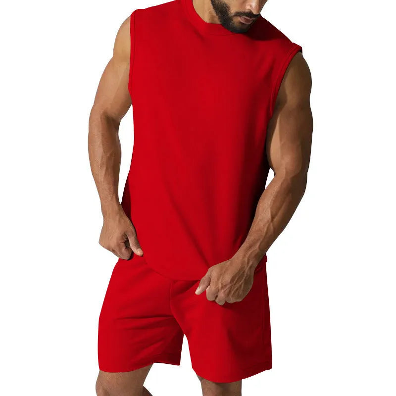 Men's sleeveless cotton blend sports top and matching shorts casual set in army green.