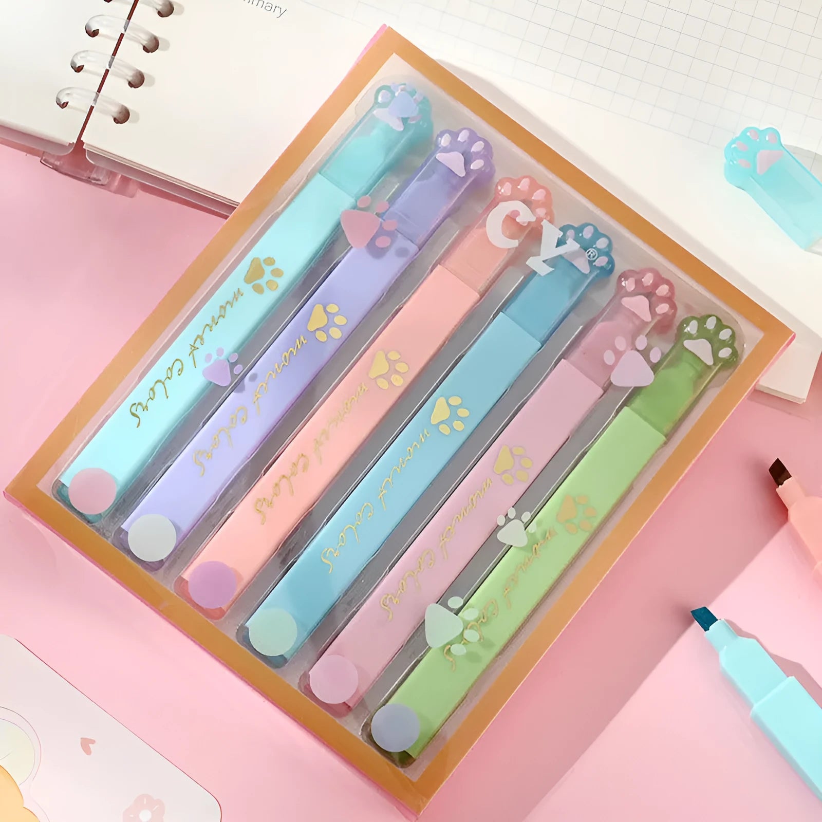 Cat's Paw brand set of six fluorescent highlighter pens with oblique nibs in a gift box