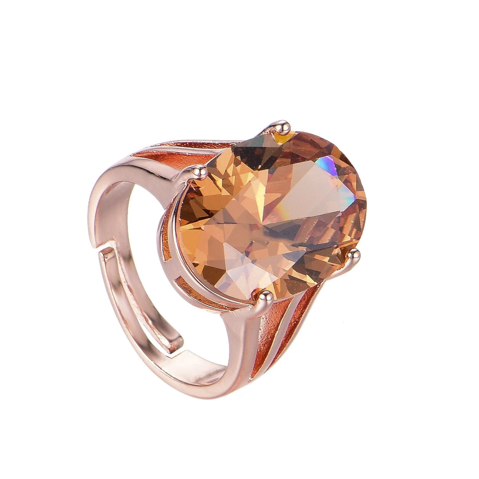 Oval champagne zirconia closed ring with rose gold plating on copper base, adjustable fit sizes 6 to 9, geometric shape