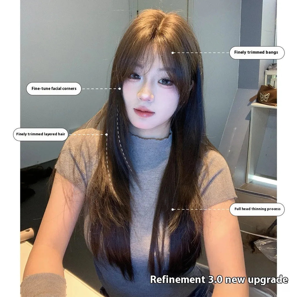 Cold brown layered long straight synthetic wig with lace front on display stand