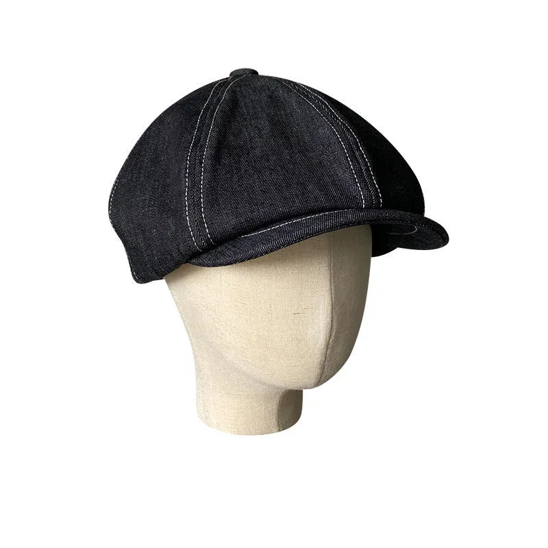 Black Japanese denim cotton beret hat with retro octagonal design