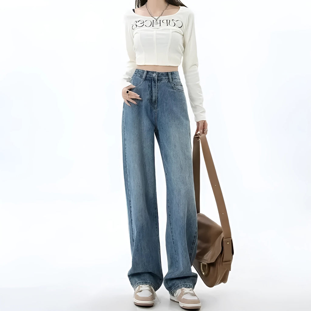 Women's high waist wide leg jeans in retro blue colour with straight leg cut