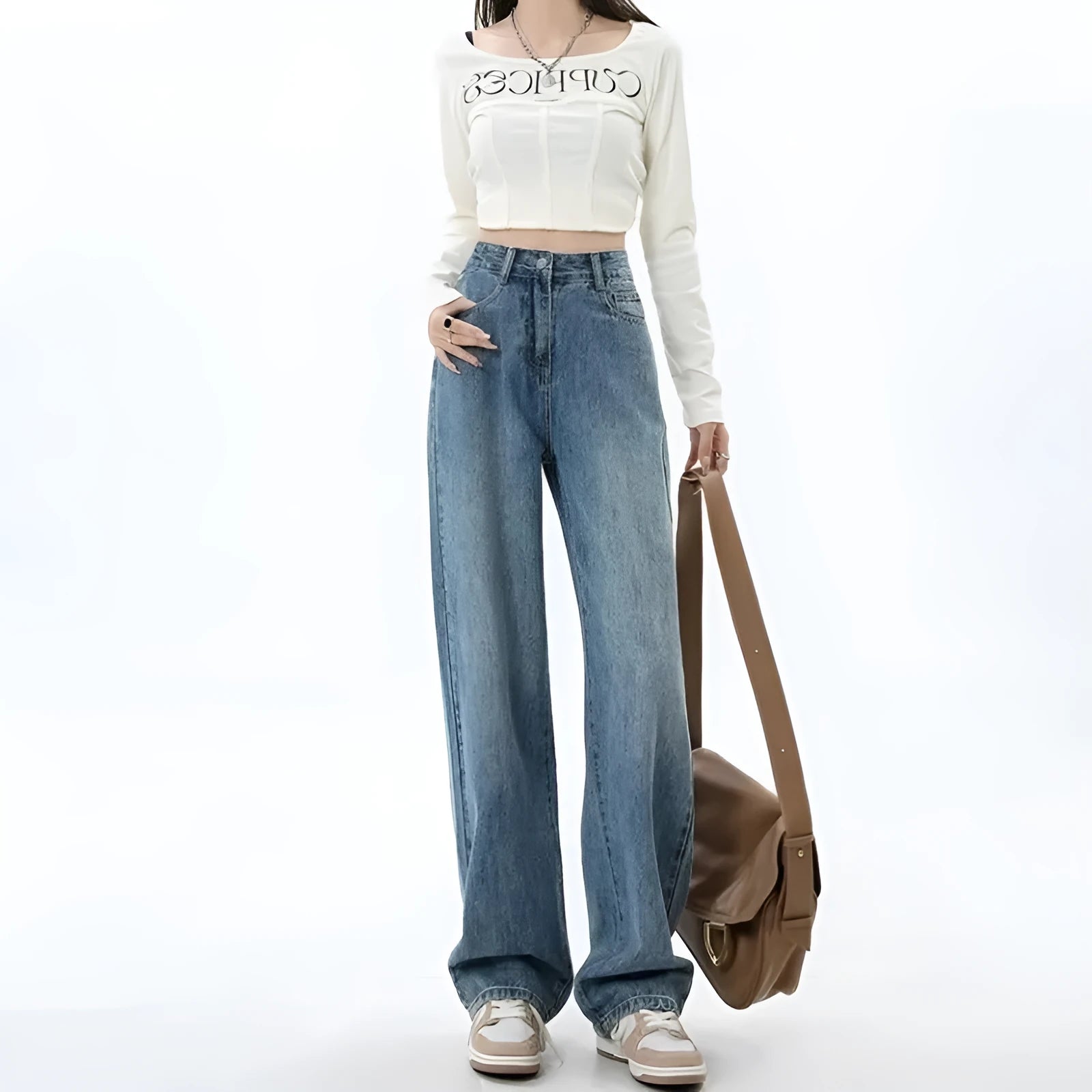 Women's high waist wide leg jeans in retro blue colour with straight leg cut