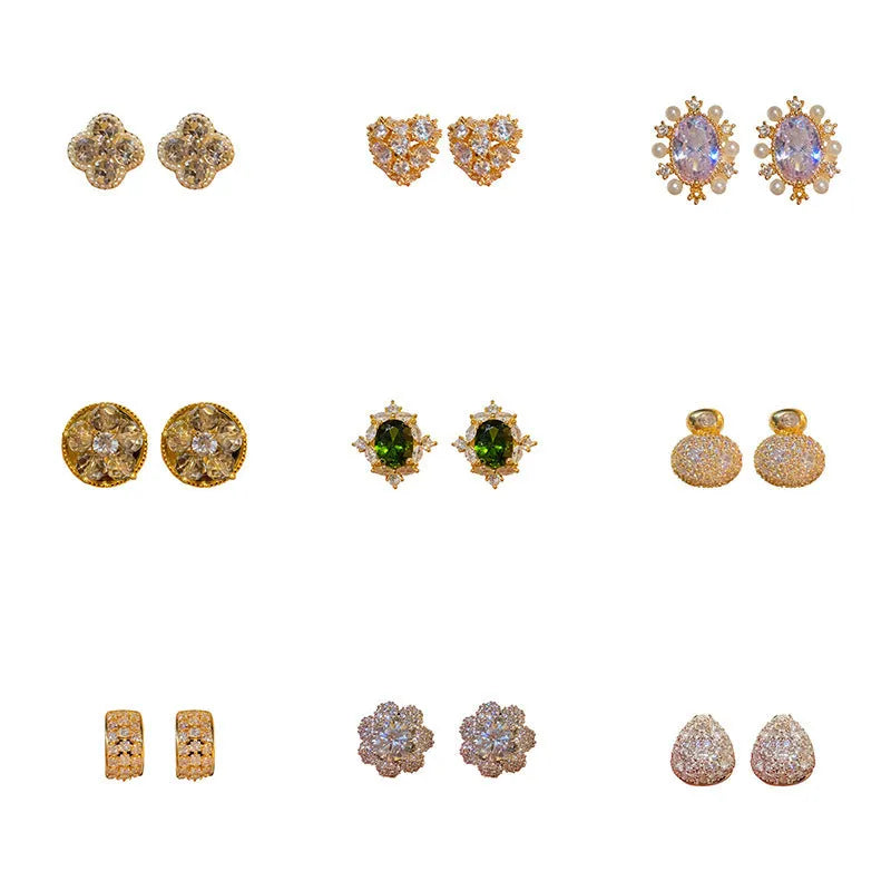 Light luxury heart-shaped zircon inlaid copper ear studs for women, gold, silver, purple, blue colours, geometric design