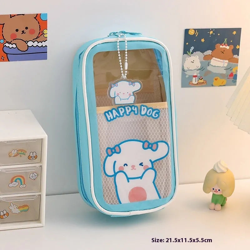 Transparent PVC student pencil case with cartoon design in candy bear, pink rabbit, blue dog, or purple dog colours