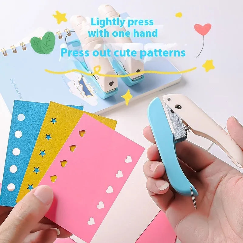 Small manual kindergarten pattern punching machine with four shaped punches for classroom crafts