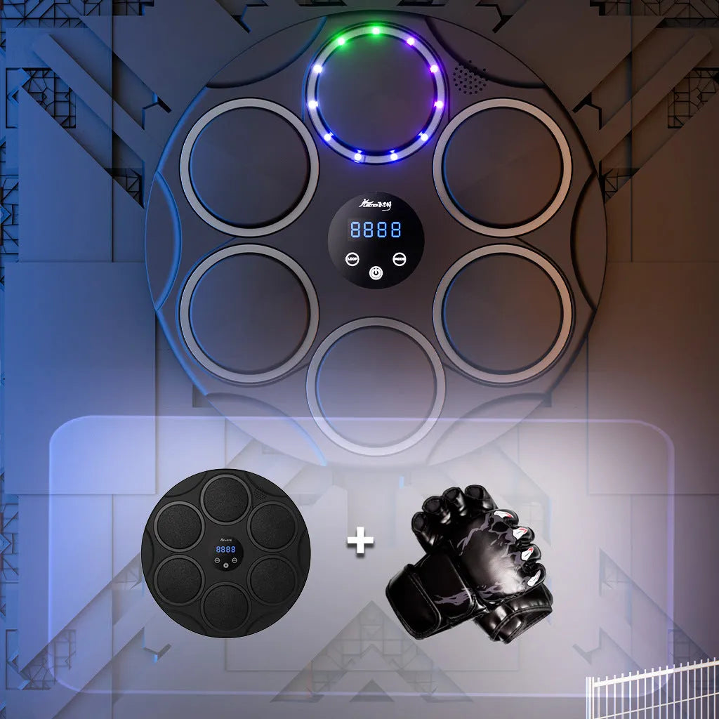 Black Bluetooth boxing target with coloured LED lights hanging on wall for fitness training