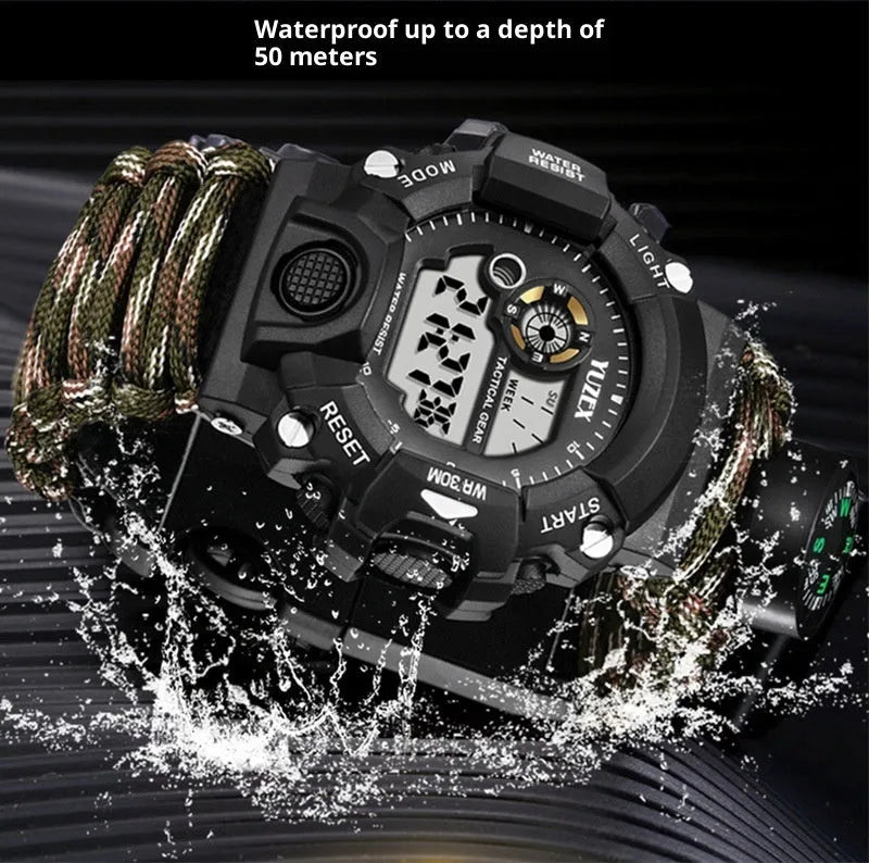 Multifunctional survival bracelet watch with parachute cord strap, firestone, whistle, and compass on a wrist in outdoor setting