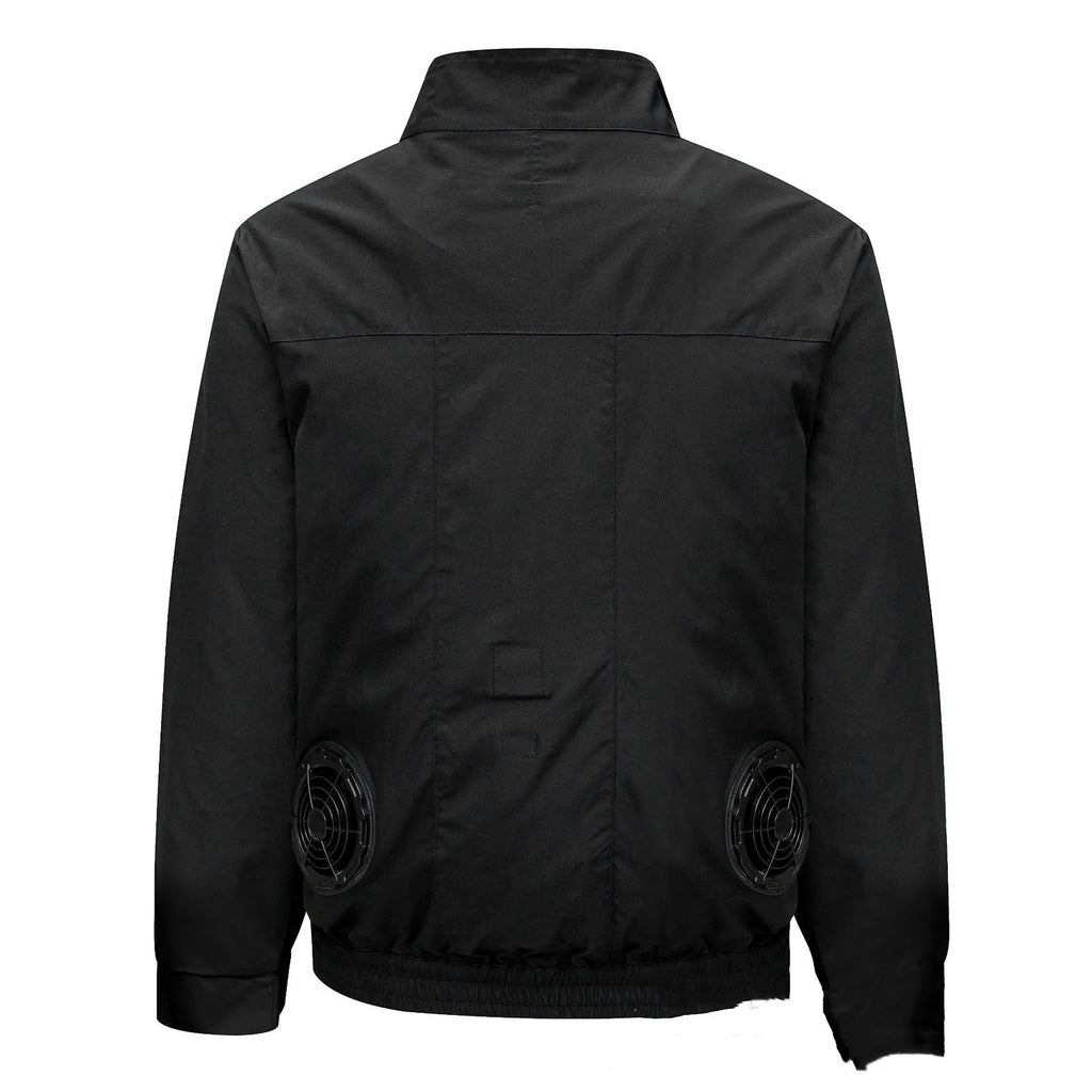 Men's summer work jacket with integrated fan cooling system and ventilation holes