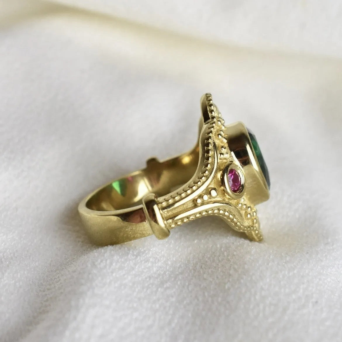 Gold-plated geometric women's ring with golden lvzuan electroplated finish shown from multiple angles