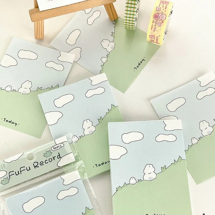 Pack of cartoon hand design sticky notes showing six different style options and three size formats.