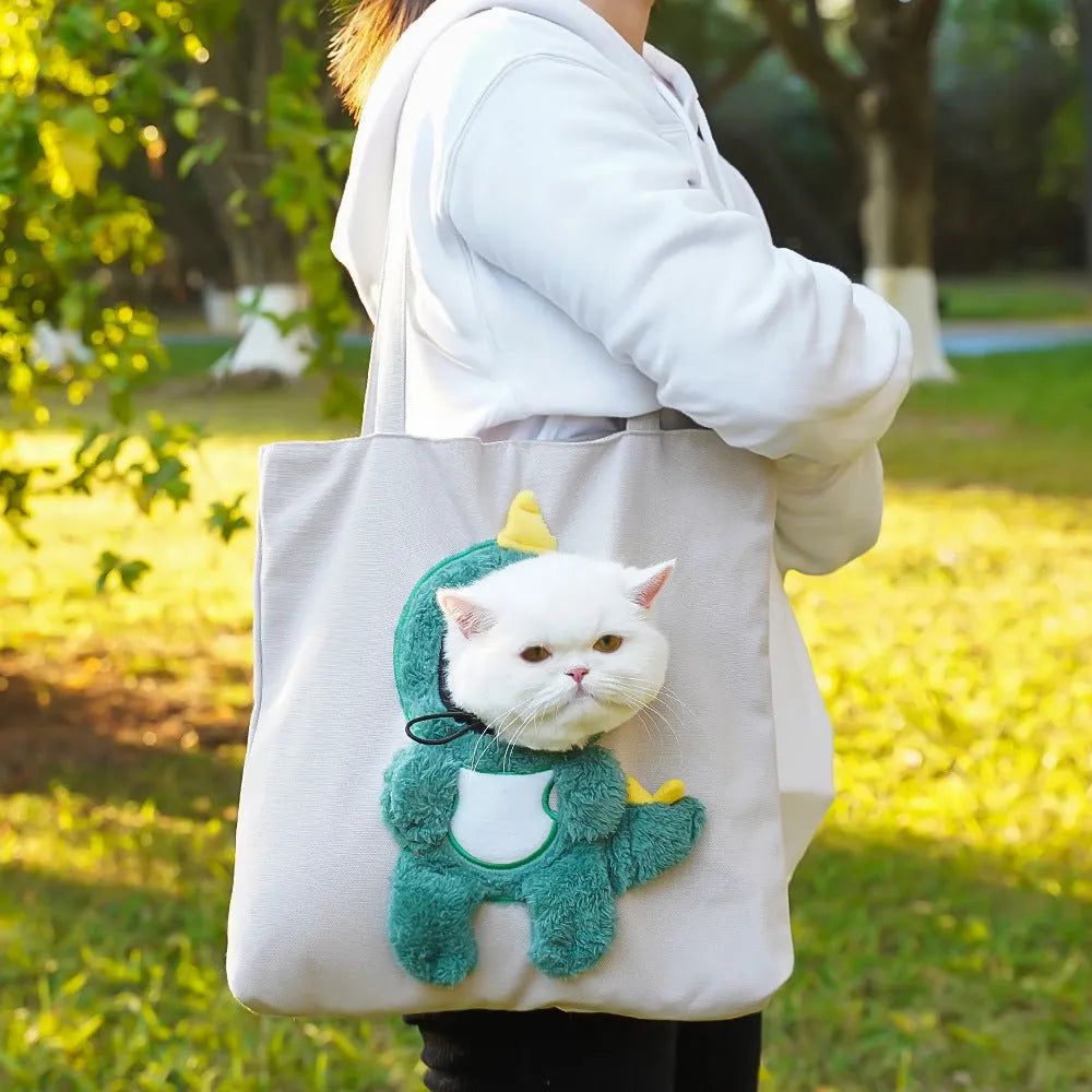 Canvas pet carrier backpack with cartoon design for cat and small dog transport