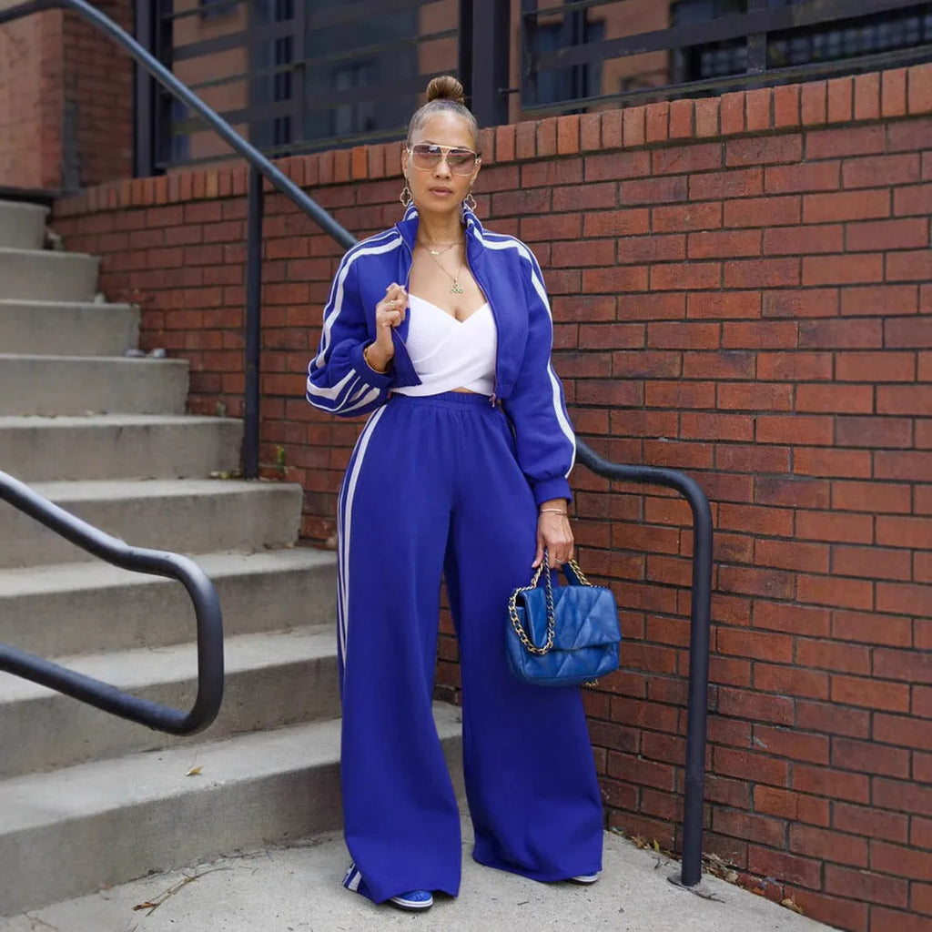 Striped suit zipper thickening sweater two-piece set in polyester fabric with street hipster styling