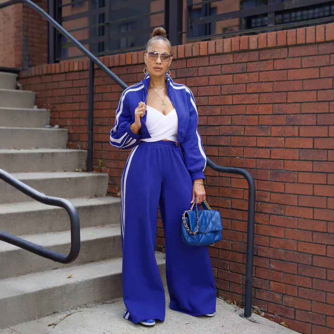 Striped suit zipper thickening sweater two-piece set in polyester fabric with street hipster styling