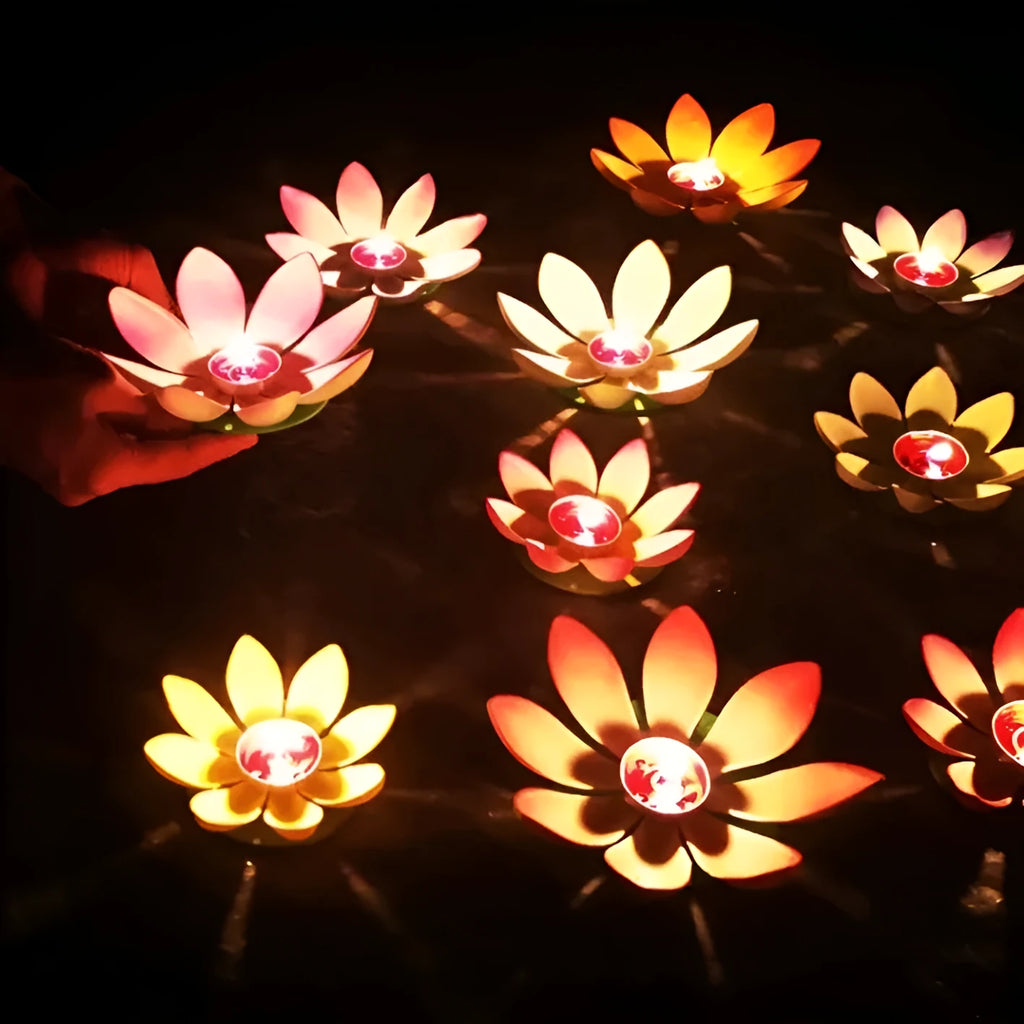 Single-layer plastic wishing lotus lantern in mixed colours, floating on water, available in 11cm and 15.5cm sizes