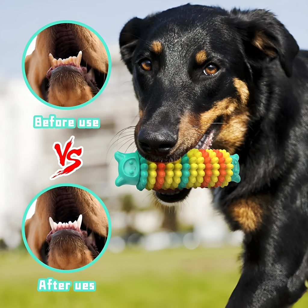Blue rubber caterpillar-shaped dog chew toy for aggressive chewers on a white background.
