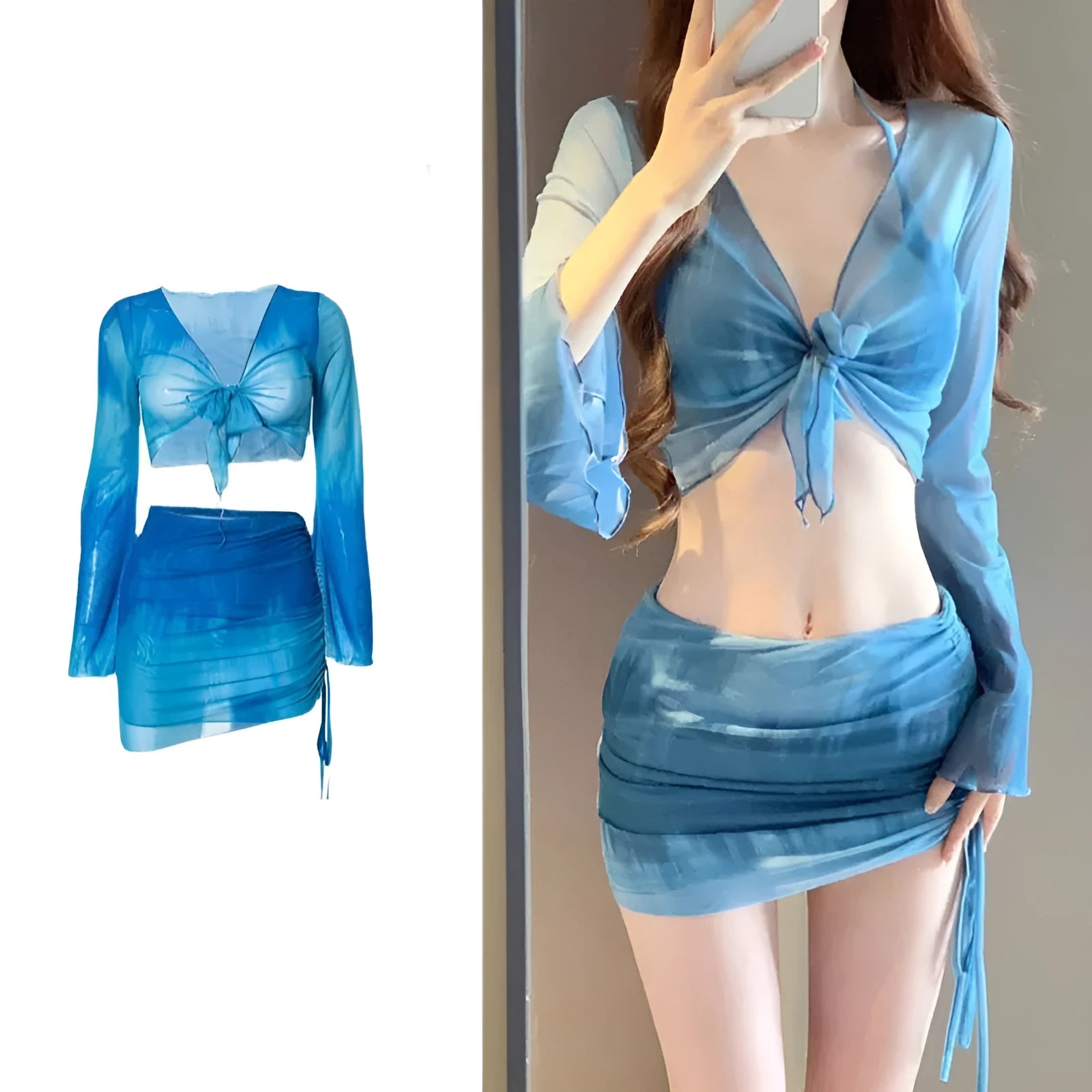 Women's blue four-piece bikini swimsuit set with high-waisted briefs and separate skirt