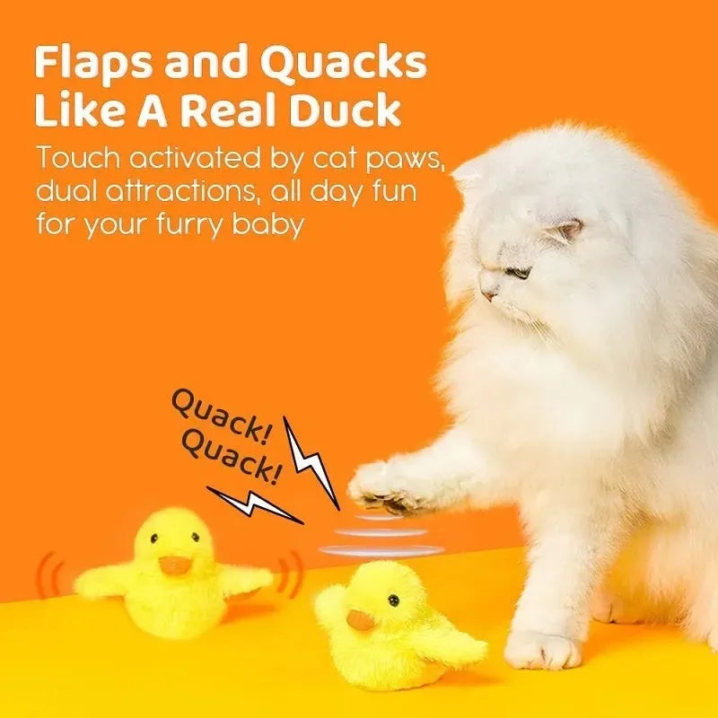 Yellow flapping duck cat toy with chick simulation shape showing vibration sensor and removable plush cover