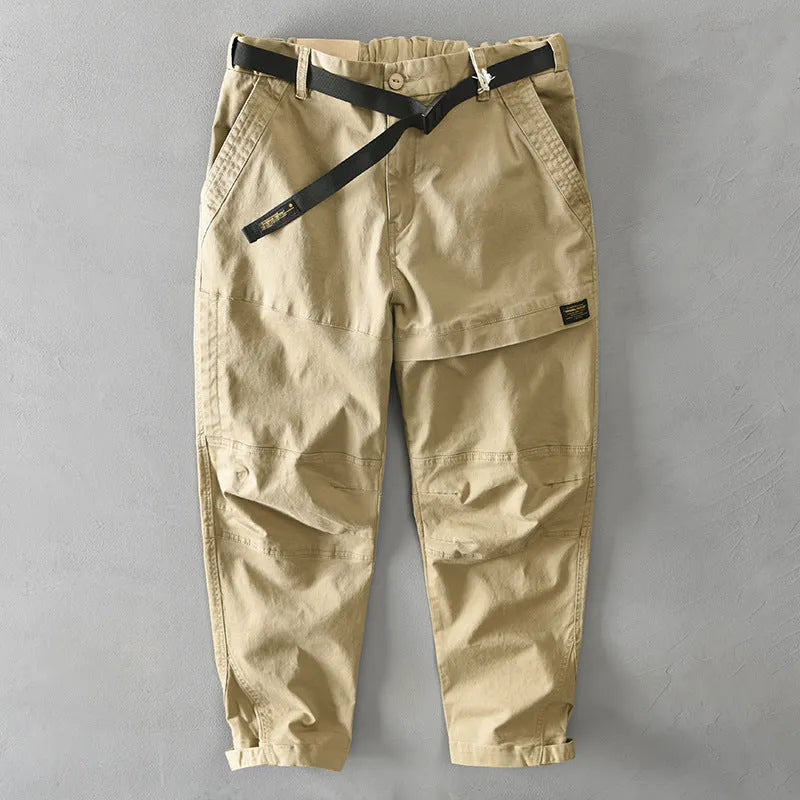 Men's khaki coloured cotton casual overalls with a loose fit and mid-waist design