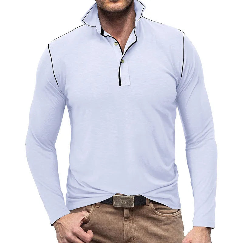 Men's Henley shirt in slub cotton blend with buttoned lapel collar, long sleeves, in army green colour