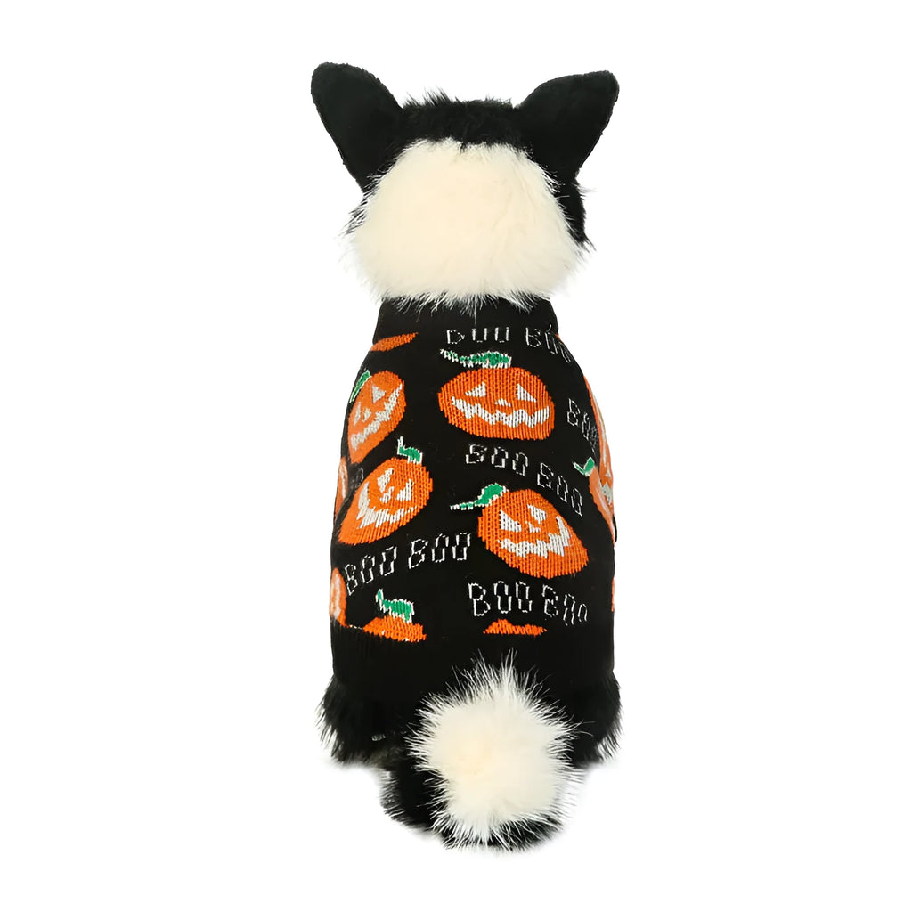 Black Halloween dog sweater with orange pumpkin pattern print, pullover style with four leg holes