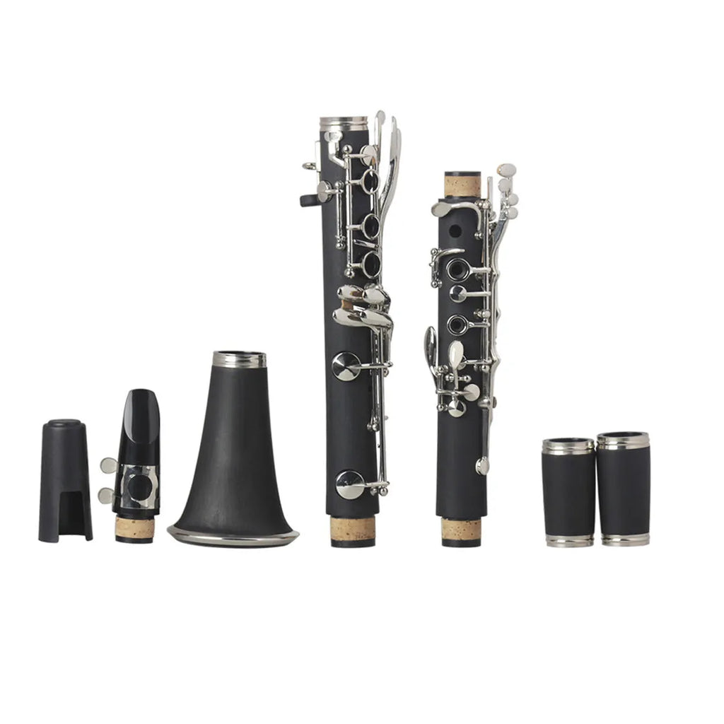 Black Bakelite beginner clarinet with 17 nickel-plated keys and a carrying bag.