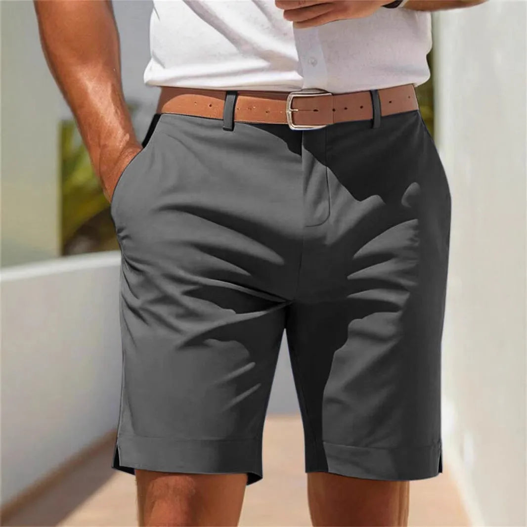 Men's light grey polyester business shorts with straight leg cut on hanger