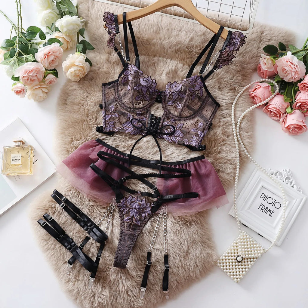 Light blue embroidered transparent bra set with lace mesh and three-point styling