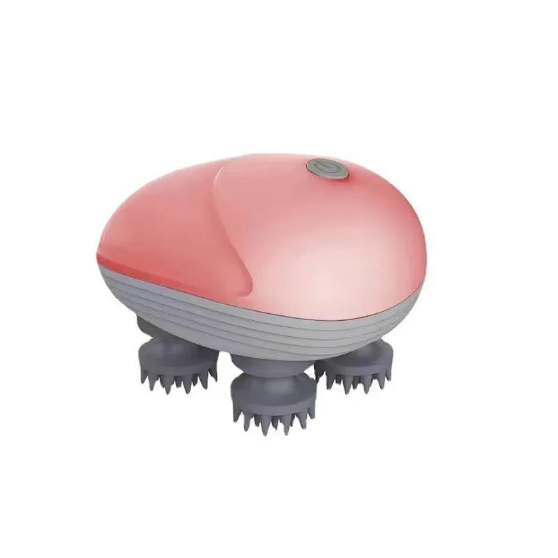 Blue electric pet massager with four rotating heads held in hand next to cat