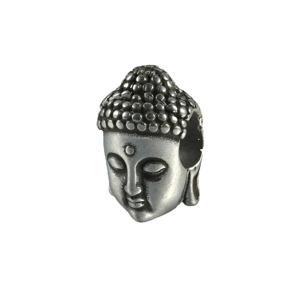 Stainless steel hollow skull Buddha earrings showing four colour finishes on geometry design