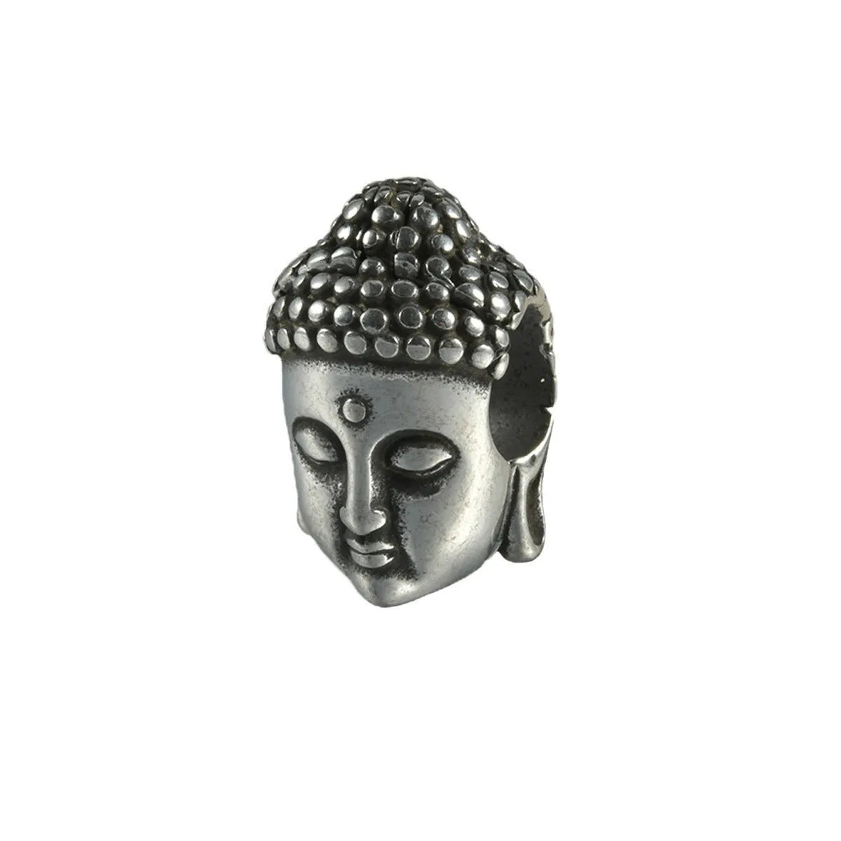 Stainless steel hollow skull Buddha earrings showing four colour finishes on geometry design