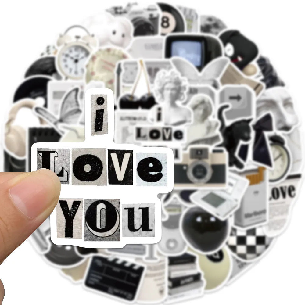 Black and white PVC waterproof stickers with coffee cup designs for laptop and phone decoration