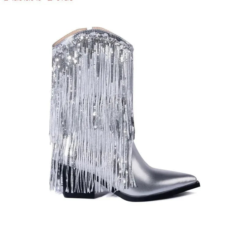 Women's black chunky heel tassel ankle boots with a pointed toe and stiletto heel on a white background.