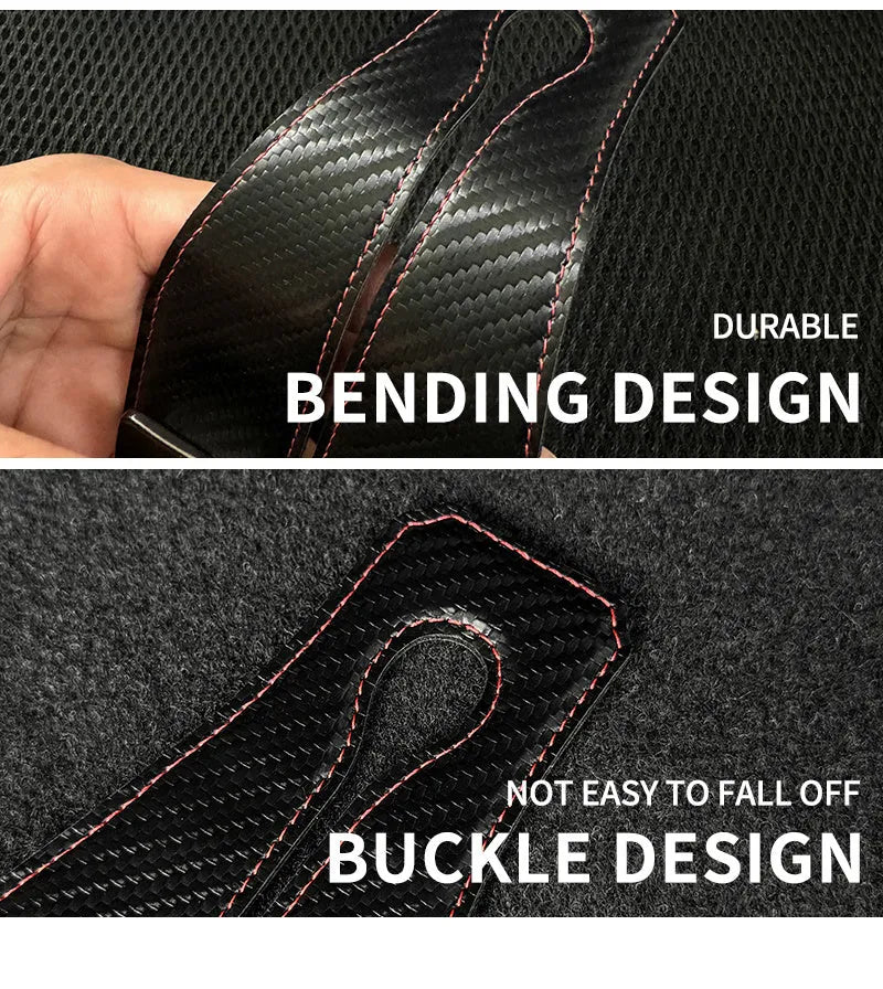 Black carbon fibre metal car hook clipped to headrest with 25kg load capacity