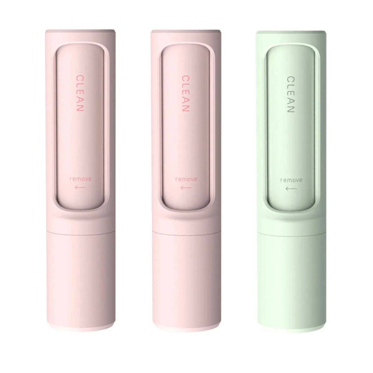 Rotating cylinder electrostatic pet hair removal brush in light pink with ABS body on a white background