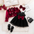 Baby girl red strapless dress with black mesh bow jacket and long pants polyester cotton