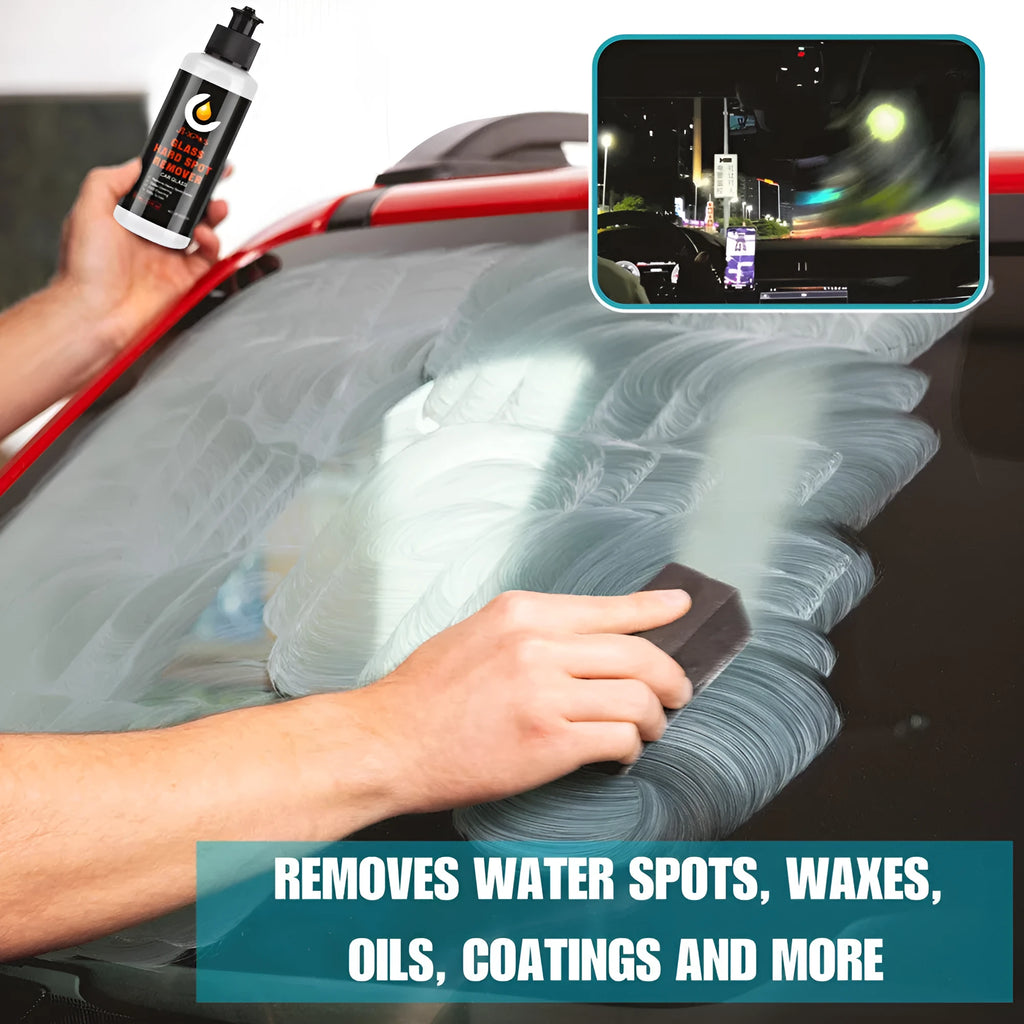 Tube of glass oil film remover cleaning cream for car and window decontamination.