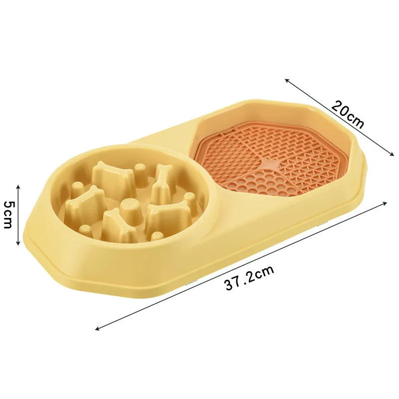 Blue interactive slow feeder dog bowl with maze pattern for anti-gulping, shown with four non-slip pads.