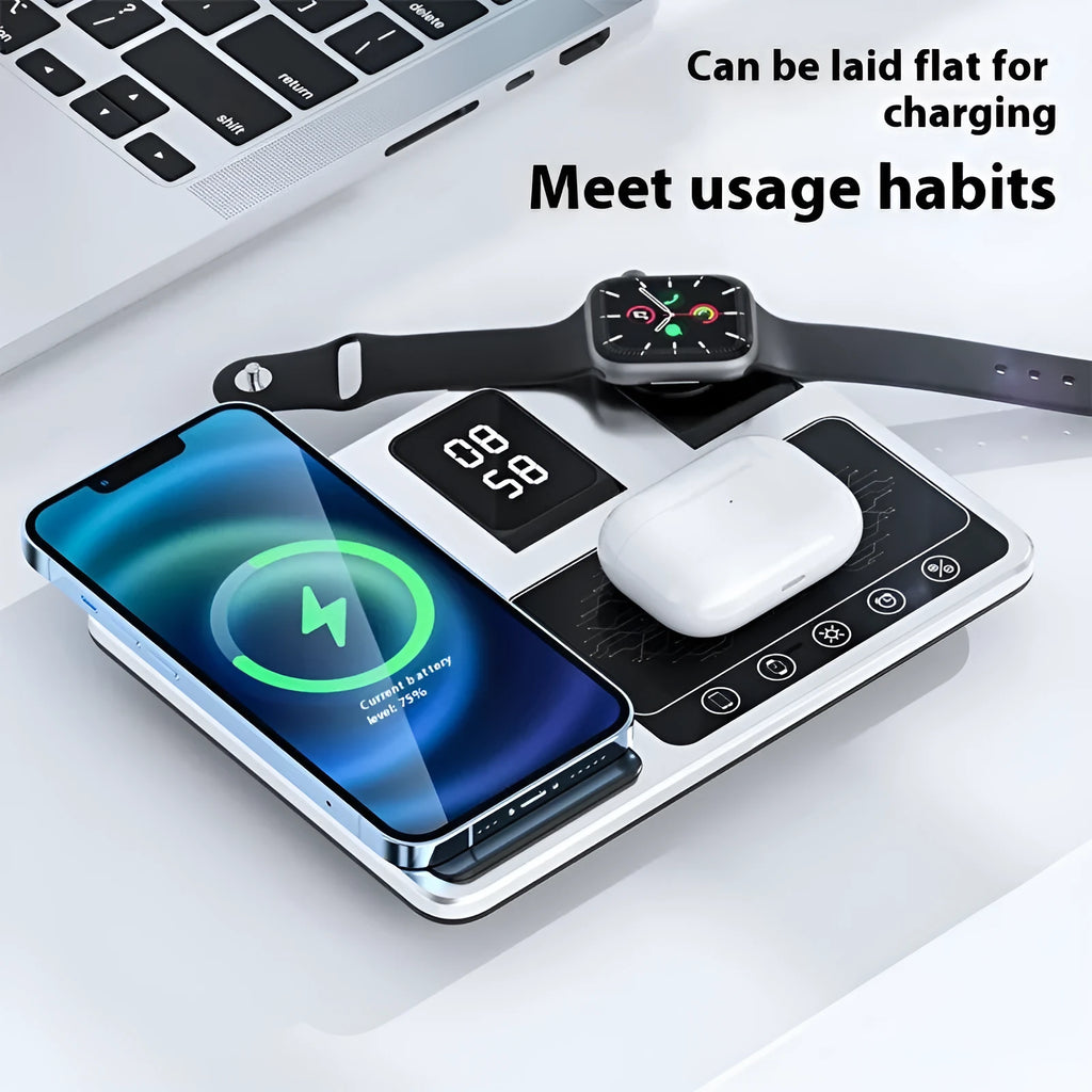 Multifunctional wireless fast charging clock with folding bracket, black plastic version, charging a phone upright