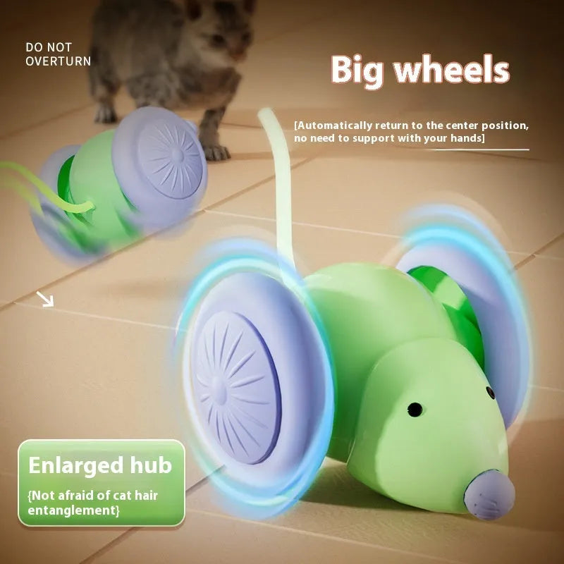 Interactive cat toy electric mouse car in green and white with obstacle avoidance on a living room floor