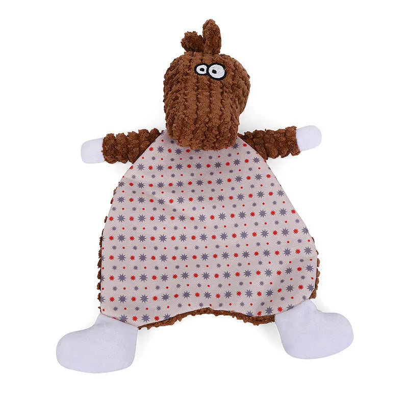 Brown velvet pet toy with fox and elephant designs containing sound paper for dogs and cats