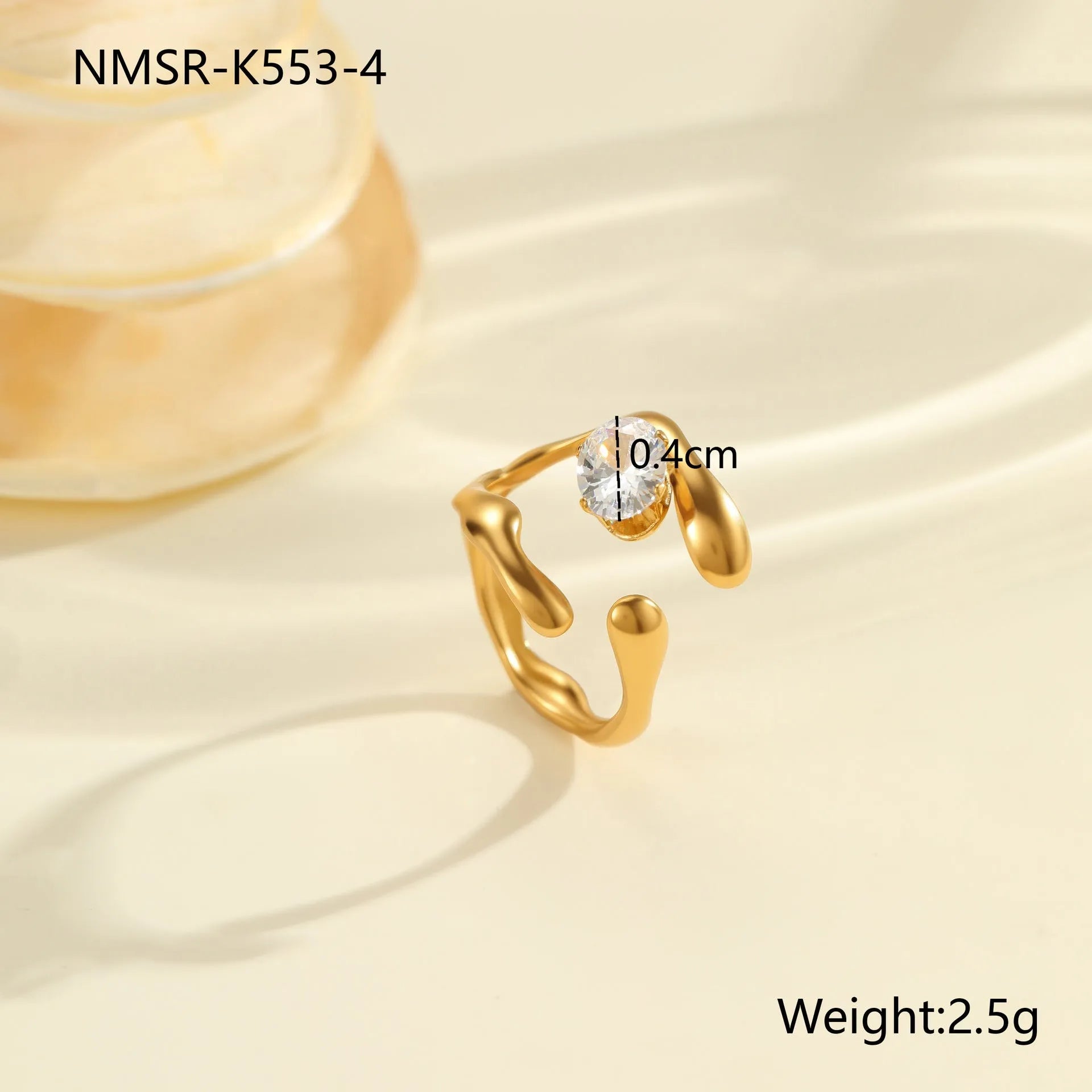 Geometric stainless steel zircon ring with open-mouth adjustable design on a hand.