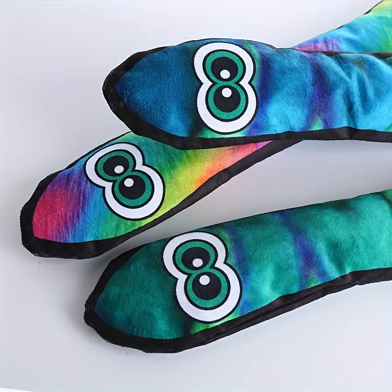 Multicolour snake-shaped plush dog squeaky toy with stripe print pattern