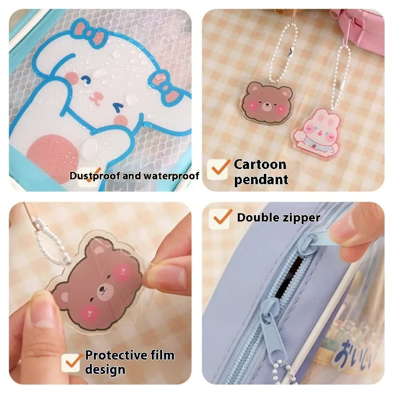 Transparent PVC student pencil case with cartoon design in candy bear, pink rabbit, blue dog, or purple dog colours